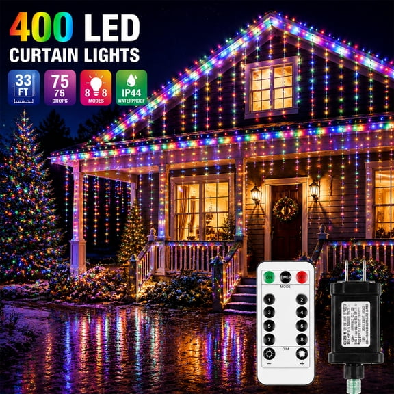 Icicle Christmas Lights Outdoor, 33Ft 400 LED Waterproof Icicle Lights, 8 Lighting Modes Connectable String Light with Remote,Timer, 75 Drops Christmas Decorations for House Eaves, Multicolor