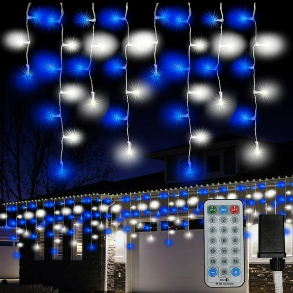 Icicle Christmas Lights Outdoor 400LED 49.5FT-16 Modes Timer IP44 Waterproof Connectable Fairy String Lights, Remote Plug in for House Yard Patio Christmas Decorations- White and Blue