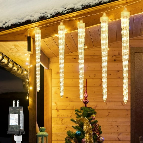 Icicle Lights Outdoor, 10 Ft Meteor Shower Lights with 10 Ice Shaped Tube, Snowfall Shooting Star Light Effect, Falling Crystal Christmas Decorations for House Eave Roofline Patio, Multicolor