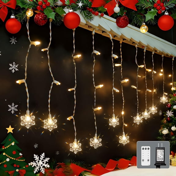 Icicle Lights for Outside 180 LED 26.5ft 30 Drops Icicle Christmas Lights Outdoor Snowflake with 8 Mode Function Curtain String Lights Indoor for Patio Garden Bedroom (no Remote, 1)