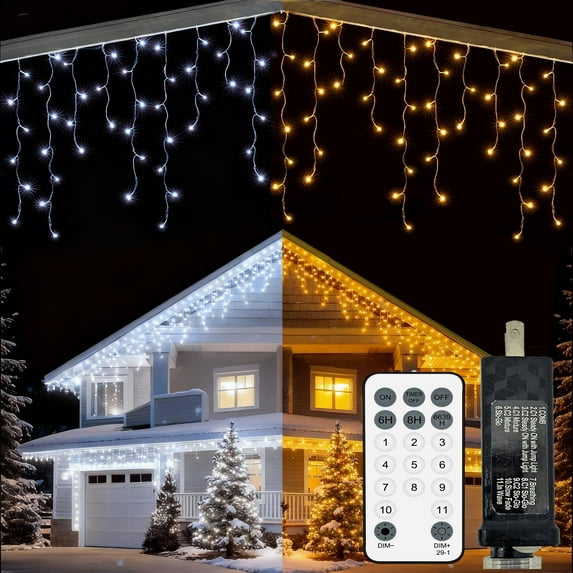 Icicle String Lights Christmas Curtain Light with Timer & Remote Control, 30FT 300 LED, Warm to White Color Changing, Indoor & Outdoor for Wall Eave Gazebo Fence Decoration-White
