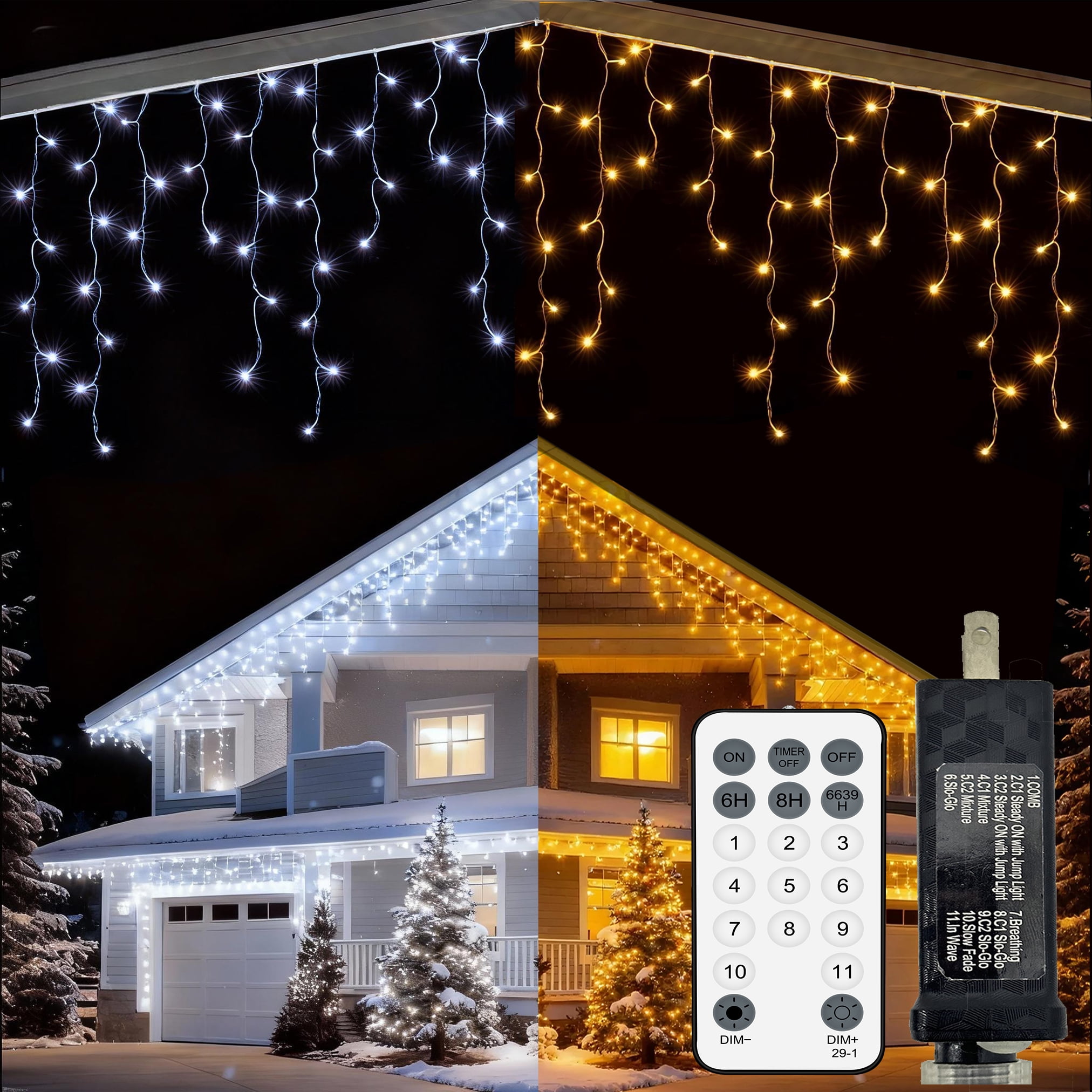 Icicle String Lights Christmas Curtain Light with Timer & Remote Control, 50FT 500 LED, Warm To White Color Changing, Indoor & Outdoor for Wall Eave Gazebo Fence Decoration