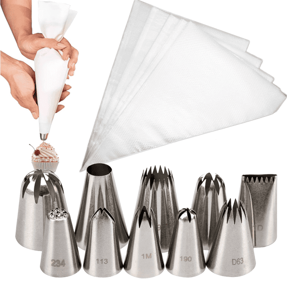 Icing Decorating Tips And Bags Set, Icing Bags Disposable for Cakes Decorating Kit Supplies with 10 Frosting Tips, 50Pcs 12 Inch Pastry Bags