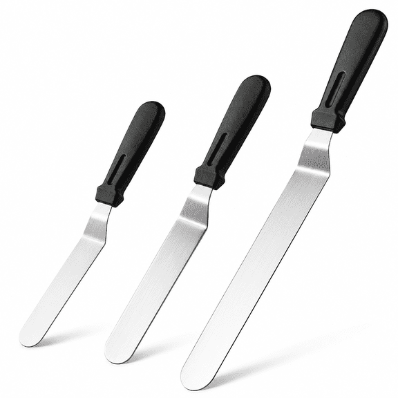 Icing Spatula Set of 3, Offset Cake Spatulas 6, 8 & 10 Inch Stainless Steel Blades, Angled Frosting Spatula with Non-Slip Handle for Cake Decorating, Baking & Pastry