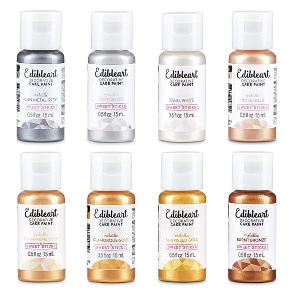 Icinginks Edible Art Paint Set of 8 Pack, Coloring for Cake Design Gun Metal Grey, Light Silver, Pearl White, Rose Gold, Champagne Gold, Glamorous Gold, Sun kissed Gold, Burnt Bronze (1 Each Color)