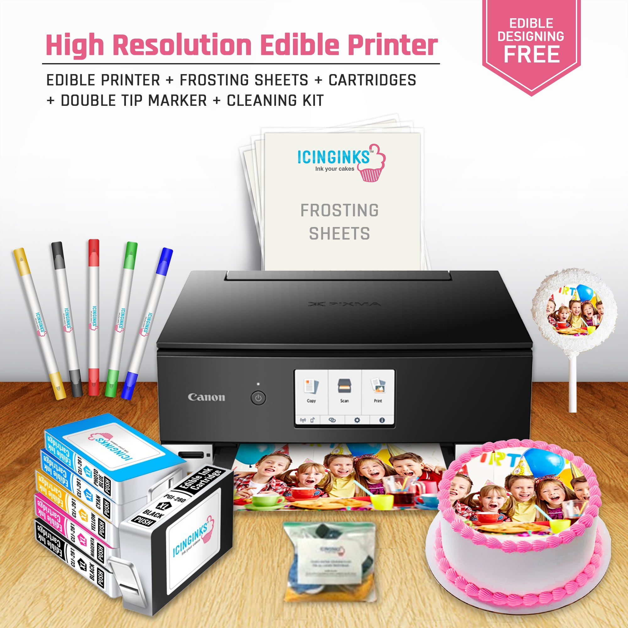 Componeren Mannelijkheid D.w.z Icinginks High Resolution Edible Printer Bundle System for Canon Pixma  TS8320 (Wireless+Scanner) Comes with Edible Cartridges, Frosting sheets,  Edible Markers, Cleaning Kit - Walmart.com