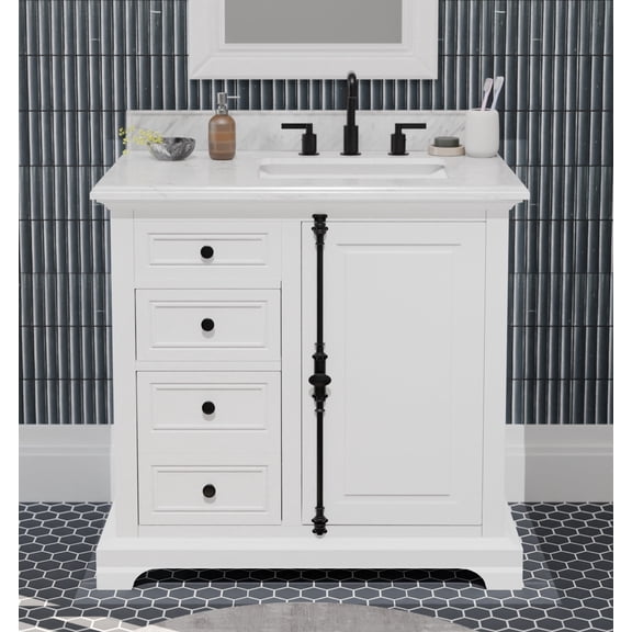 Icon 36" Single Bathroom Vanity with Carrara Natural Marble Top, Sink & Backsplash. 37W x 22D x 34.5H. White. Solid Wood. Pre-Assembleb. 2 Soft-Closing Drawer. 1 Door. Adjsutable Feet
