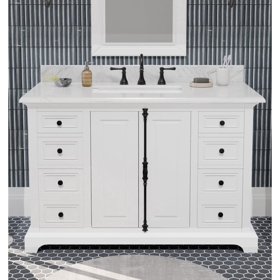 Icon 48" Single Bathroom Vanity with Carrara Natural Marble Top, Sink & Backsplash. 49W x 22D x 34.5H. White. Solid Wood. Pre-Assembleb. 6 Soft-Closing Drawers & 2 Doors. Adjustable Feet