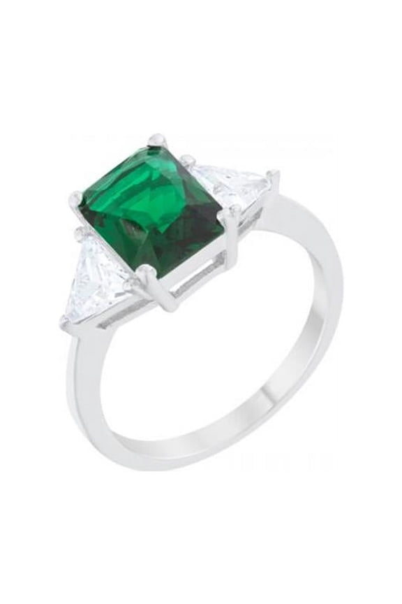 Classic Rhodium Engagement Ring - Emerald - Size 10
