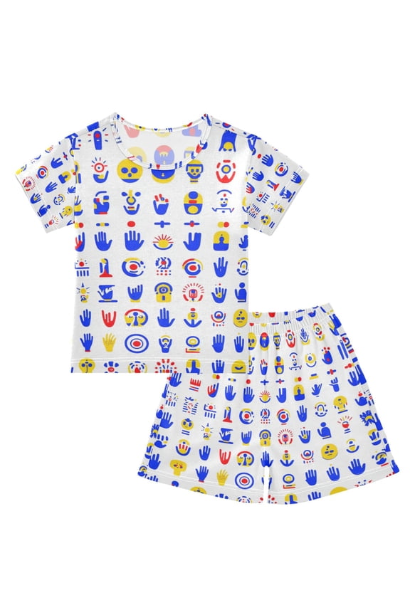 Icon Pattern Summer Pajama Set Soft Cotton Short Sleeve Sleepwear 2PCS Pajama Sets Breathable Lounge Set Size 5Y