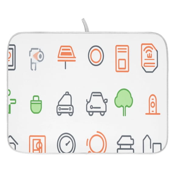 Icon Set for Urban Elements Dish Drying Mat for Kitchen, Quick Drying Absorbent Soft Durable 16" x 18"