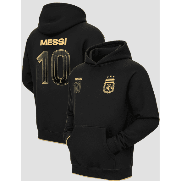 Icon Sports AFA Messi #10 Pullover Hoodie, Black/Gold, Cotton-Poly, YS-XXL