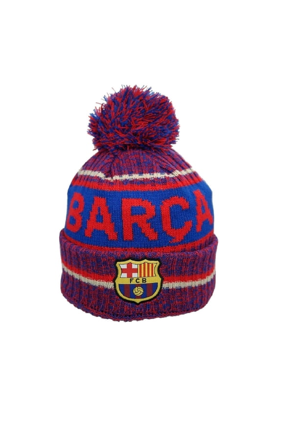 FC Barcelona Pom Beanie Official Licensed Red Heather Blue Band
