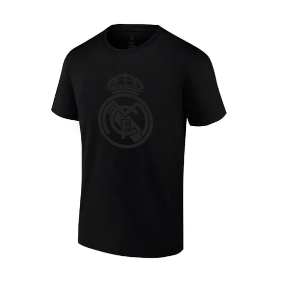 Icon Sports International Club Blackout Unisex Adult Cotton Shirt (Black Logo Print on Black) - [Real Madrid, Large]