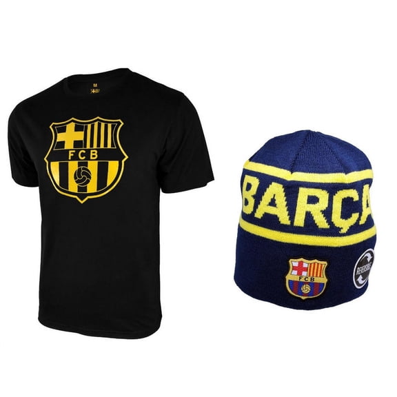 Icon Sports Men FC Barcelona Official Soccer T-Shirt and Beanie Combo 21 - XL