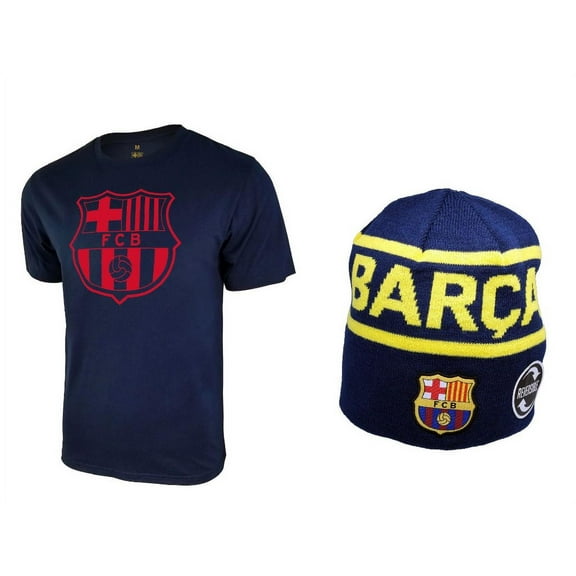 Icon Sports Men FC Barcelona Official Soccer T-Shirt and Beanie Combo 29 - Small