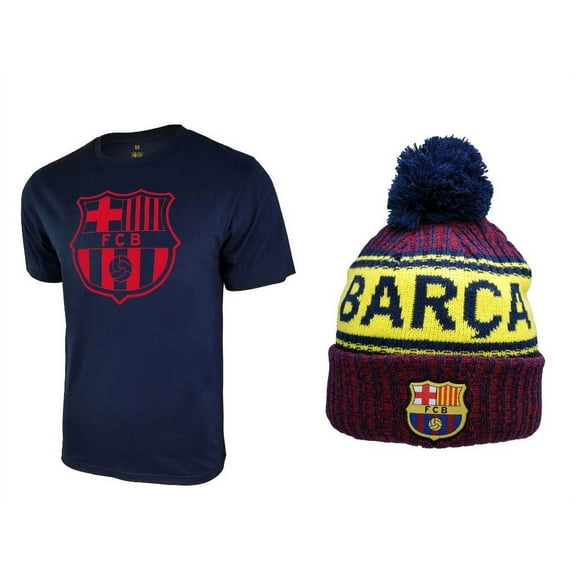 Icon Sports Men FC Barcelona Official Soccer T-Shirt and Beanie Combo 31 - Small