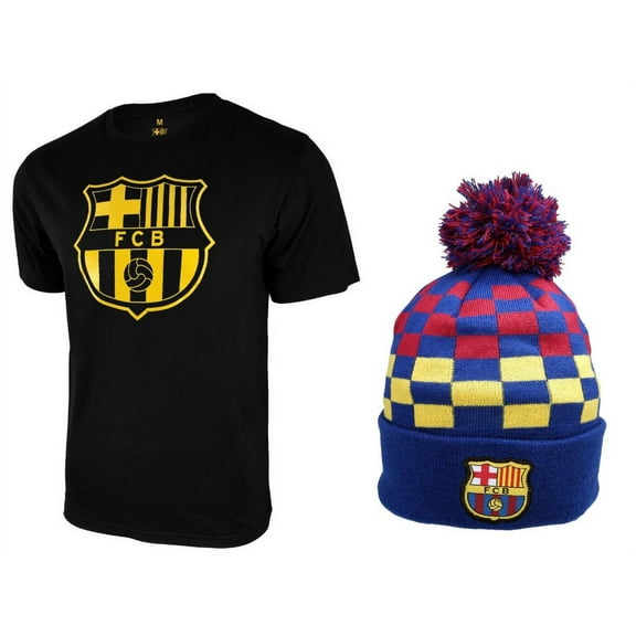 Icon Sports Men FC Barcelona Official Soccer T-Shirt and Beanie Combo 50 - Small