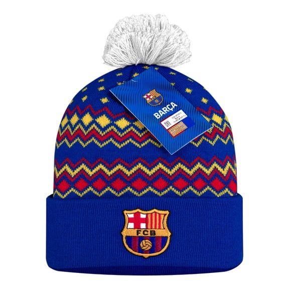 Icon Sports Official FC Barcelona Blue Pom Beanie with ZigZag Pattern Soccer Fan Apparel