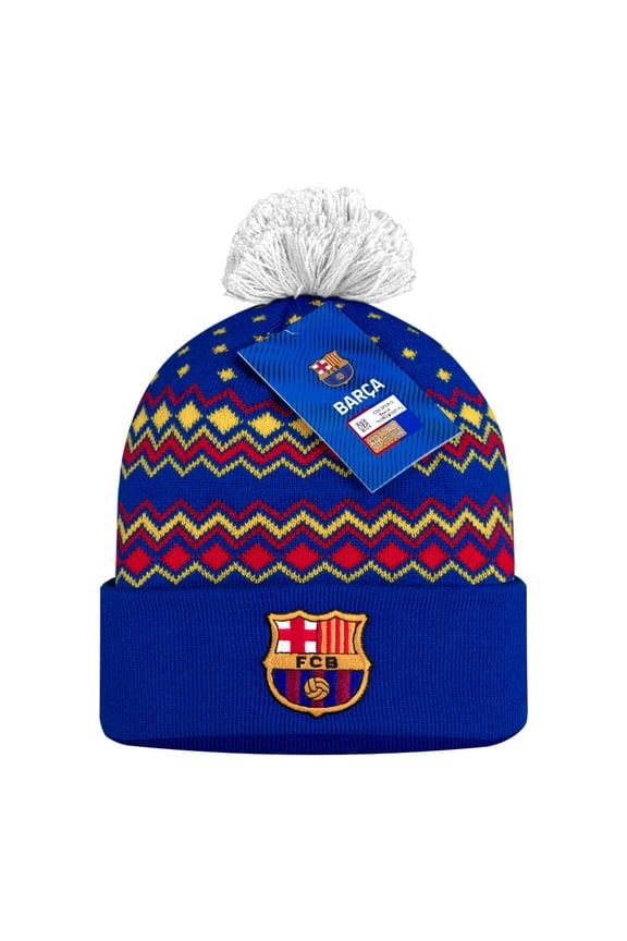 Official FC Barcelona Blue Pom Beanie with ZigZag Pattern Soccer Fan Apparel