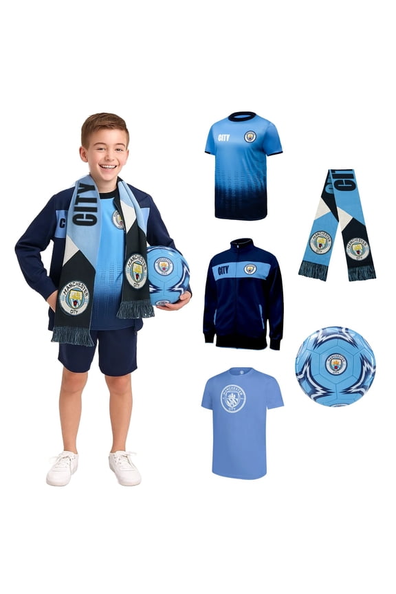 Official Manchester City FC Ultimate Fan Pack - Unisex Kids - Jacket, T-Shirts, Scarf & Soccer Ball - MCUFP Light Blue YXL