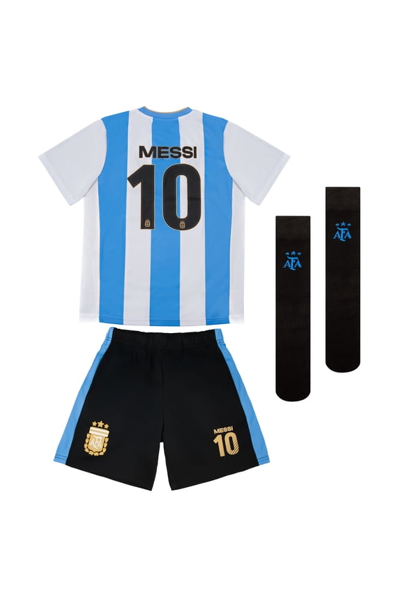 Officially Licensed Argentine Football Federation Lionel Messi Fan Pack - 3-Piece Soccer Set - Game Day Shirt, Shorts & Socks - Unisex Kids - AFA001UF Light Blue YL