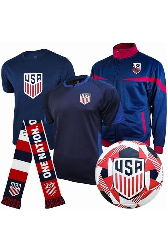 Official US Men's National Soccer Team Ultimate Fan Pack - Unisex Adult - Jacket, T-Shirts, Scarf & Soccer Ball - USSFUFP Navy L