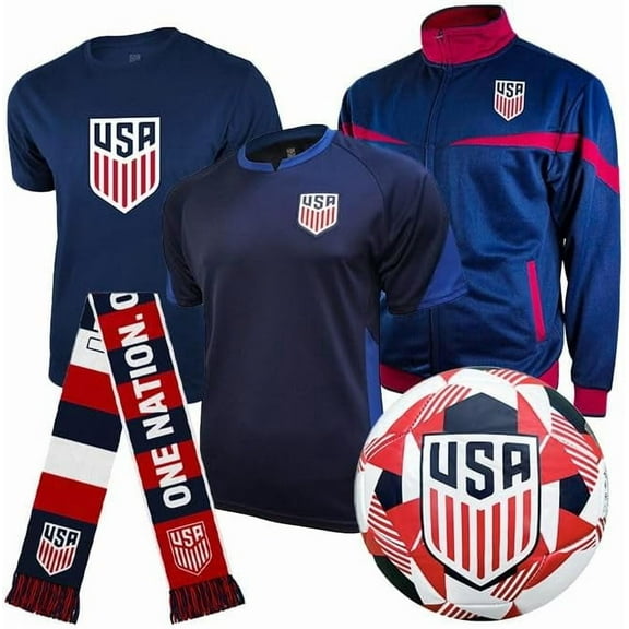 Icon Sports Official US Men's National Soccer Team Ultimate Fan Pack - Unisex Adult - Jacket, T-Shirts, Scarf & Soccer Ball - USSFUFP Navy M
