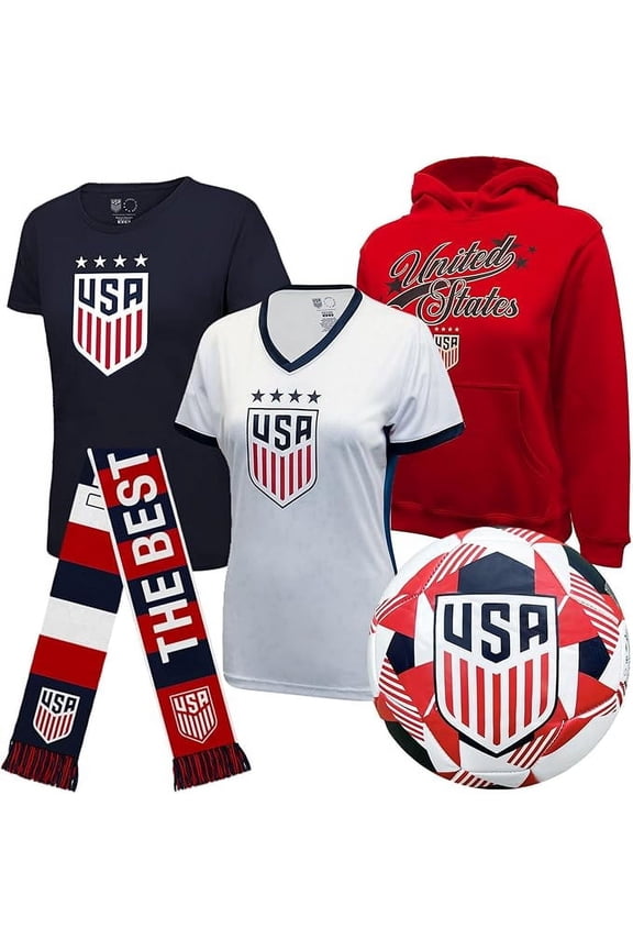 Officially Licensed U.S. Soccer Ultimate Fan Pack, Youth Girls, 5-Pc Jacket, T-Shirts, Scarf & Soccer Ball, Large