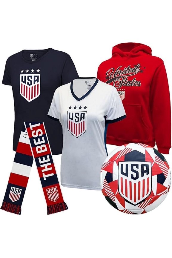 Officially Licensed U.S. Soccer Ultimate Fan Pack, Youth Girls, 5-Pc Jacket, T-Shirts, Scarf & Soccer Ball, Medium