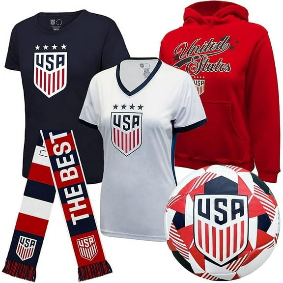 Icon Sports Officially Licensed U.S. Soccer Ultimate Fan Pack, Youth Girls, 5-Pc Jacket, T-Shirts, Scarf & Soccer Ball, Small