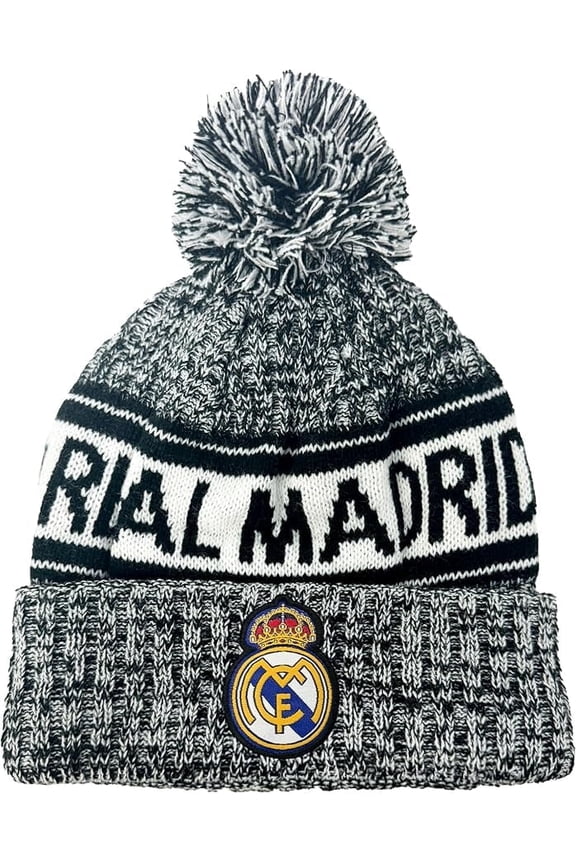 Real Madrid Pom Pom Beanie, Gray White, 100% Acrylic, Youth OSFM