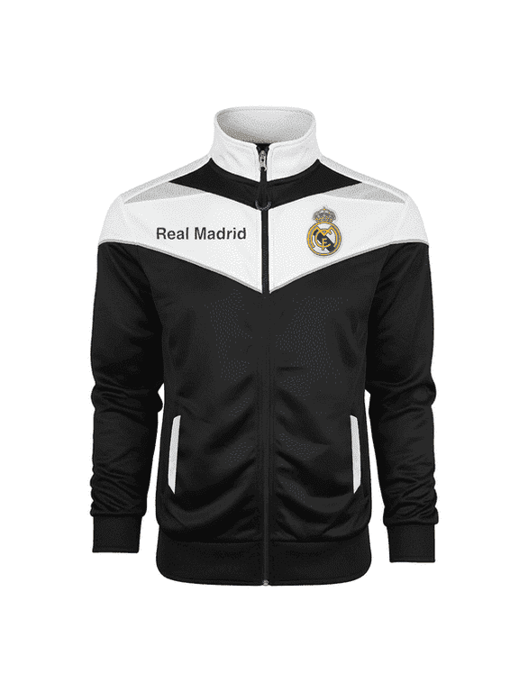 Real Madrid Soccer Track Jacket – Black and White, Full‑Zip 100% Polyester (Youth XL)