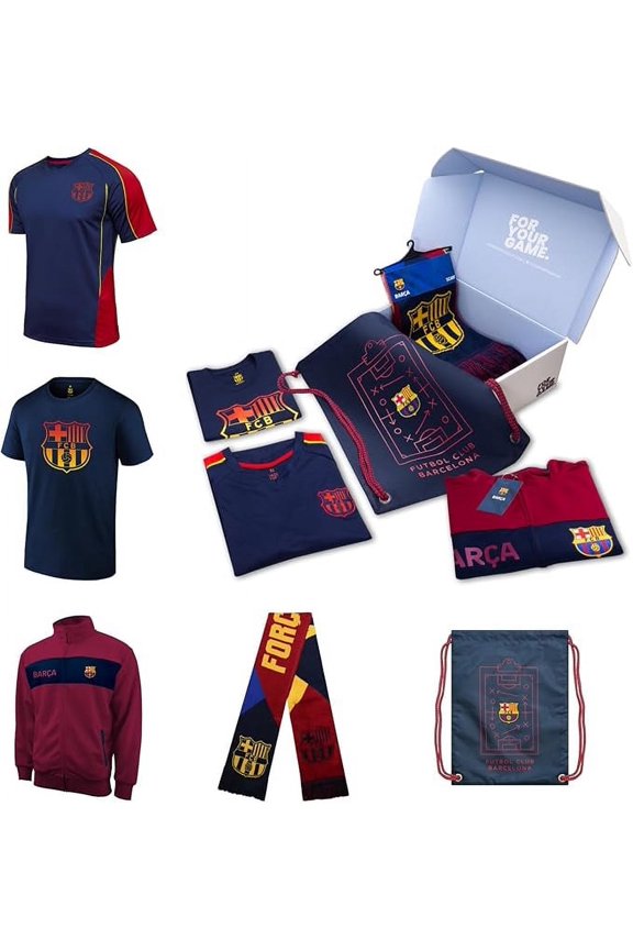 Ultimate Fan Pack: Officially Licensed FC Barcelona Soccer Bag, Scarf, Jacket & Shirts 5 Piece Value Set, Medium