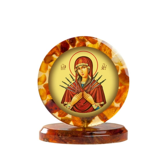 Icon of the Seven Arrows Mother of God Handmade from Amber