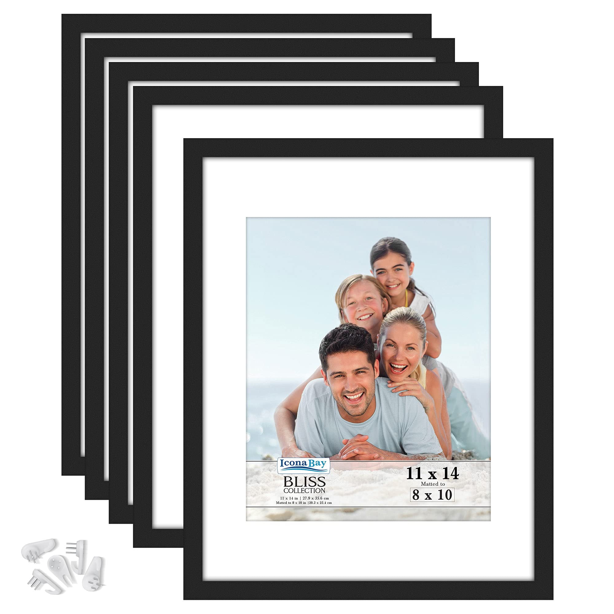 Icona Bay 11x14 Black Picture Frames w/ Mat for 1 - 8x10 Photo, 5 pk, Bliss Collage Frames, Size: 11x14 Mat to 8x10