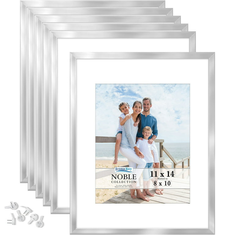 Icona Bay 11x14 Brushed Silver Picture Frames w/ Mat for 8x10 Photo, Contempo-Modern Style, 6 Pack, Noble Collection (US Company)
