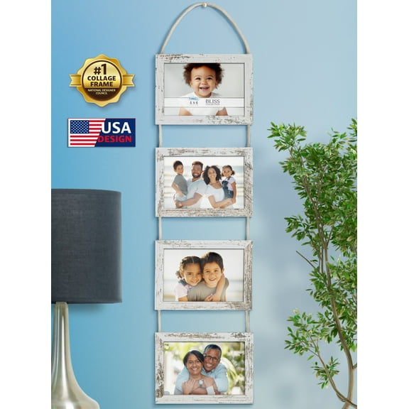 Icona Bay 4x6 Hanging Picture Frames, 4 Distressed White Composite Wood Photo Frames, 1 PK, Bliss Collage Frames