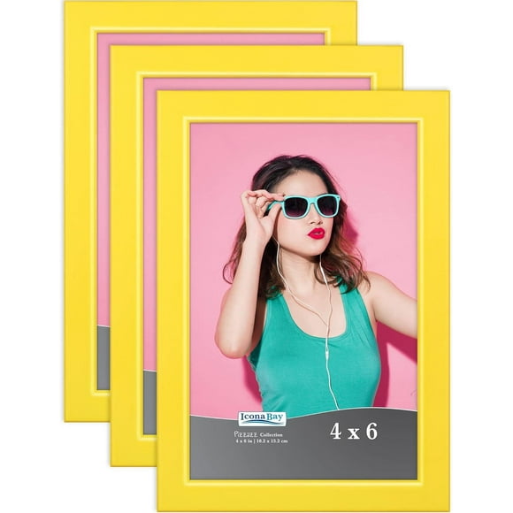 Icona Bay 4x6 Picture Frames (Yellow, 3 Pack), Colored Solid Wood Scandinavian Style Frames for Photo, Pizzazz Collection
