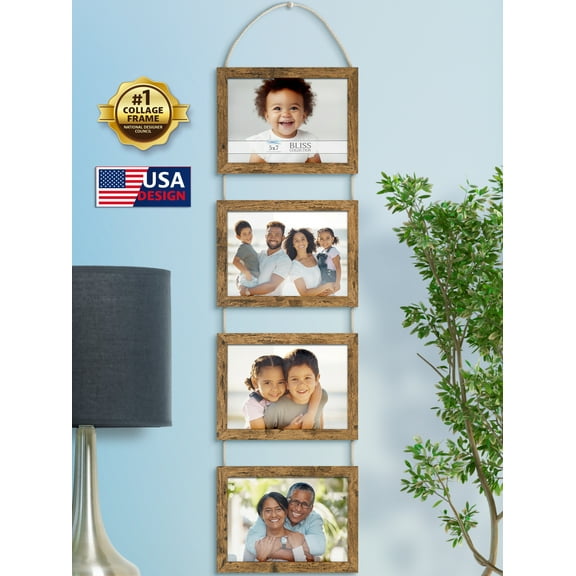 Icona Bay 5x7 Hanging Picture Frames, 4 Rustic Brown Composite Wood Photo Frames, 1 PK, Bliss Collage Frames