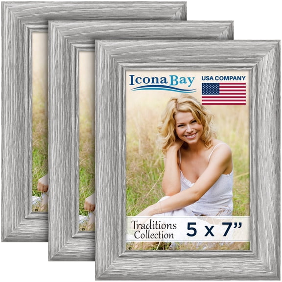 Icona Bay - 5x7 Picture Frames - 3 Pack - Wooden Pattern Ash Gray Frame for Table Top Display or Wall Mount, PS sheet cover - Traditions Collection
