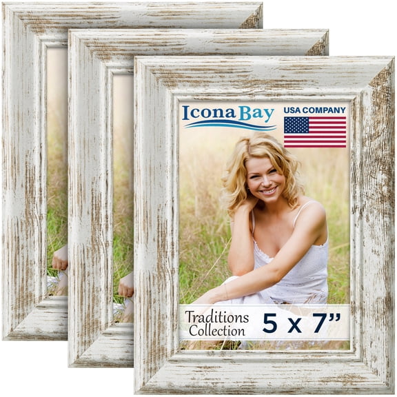 Icona Bay - 5x7 Picture Frames - 3 Pack - Wooden Pattern White Driftwood Frame for Table Top Display or Wall Mount , PS sheet cover- Traditions Collection