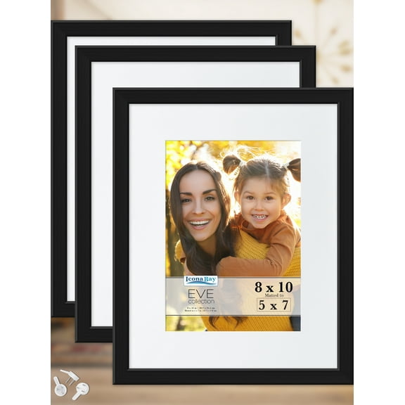 Icona Bay 8x10 Black Picture Frames W/ 5x7 Mats, 3 PK, Eve Tabletop Picture Frames