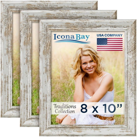 Icona Bay - 8x10 Picture Frames - 3 Pack - Wooden Pattern White Driftwood Frame for Table Top Display or Wall Mount , PS sheet cover- Traditions Collection