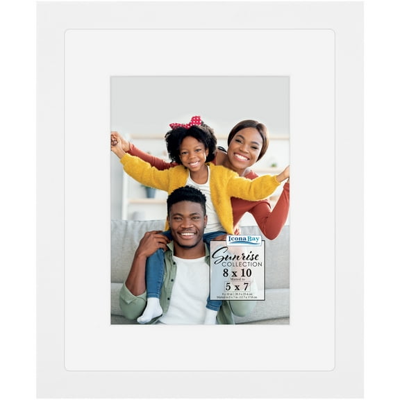 Icona Bay 8x10 White Solid One-Piece Picture Frame W/ Mat for 5x7, Painted Solid One-Piece Wood Composite, Sunrise Tabletop or Wall Mounted Frames