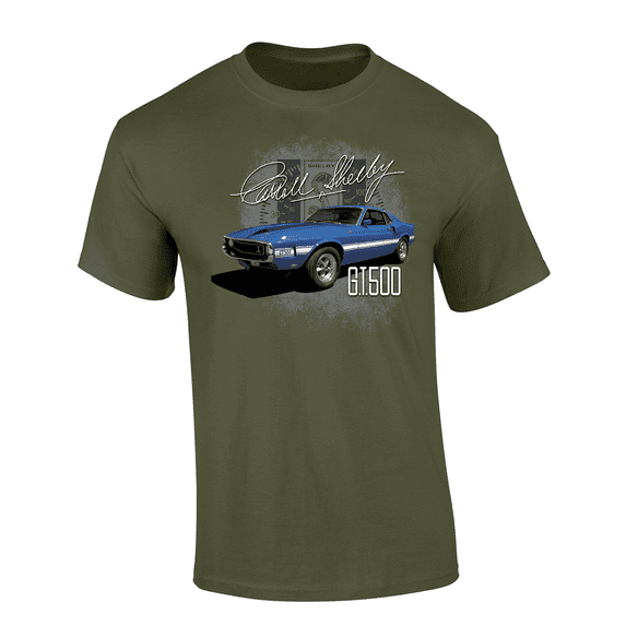 Iconic 1970's Blue GT 500 Mustang Shelby Cobra Automotive Enthusiasts Muscle Car Short Sleeve Adult Graphic T-Shirt-Military-xxxl