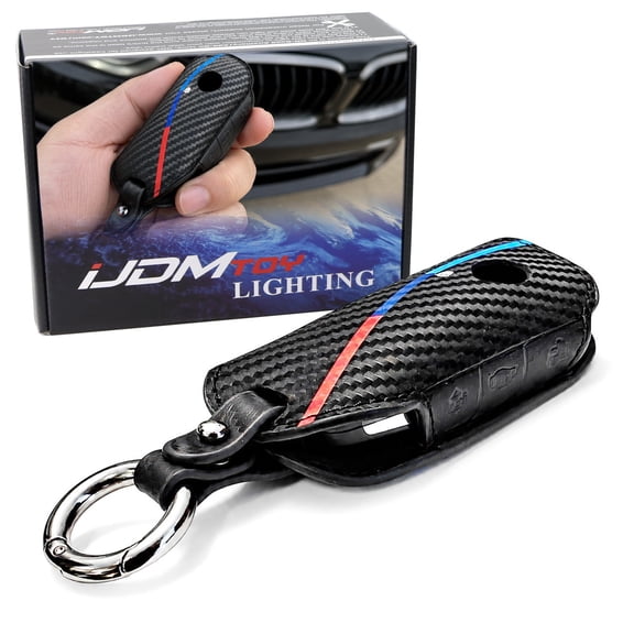 Iconic 3-Color Stripe Black Carbon Fiber Pattern Leather Key Holder w/Keychain For BMW 2023-up X5 X6 X7 iX, 4 5 7 Series i5 i7, etc Side Button Smart Key