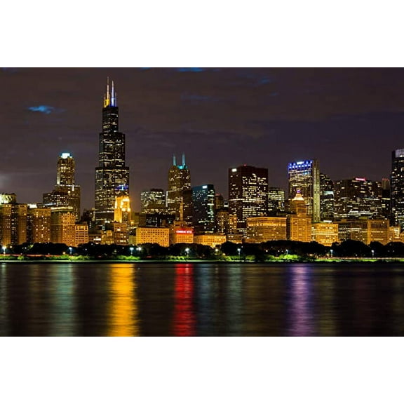 Iconic Arts Downtown Chicago City Skyline at Night Laminated Poster 24x36