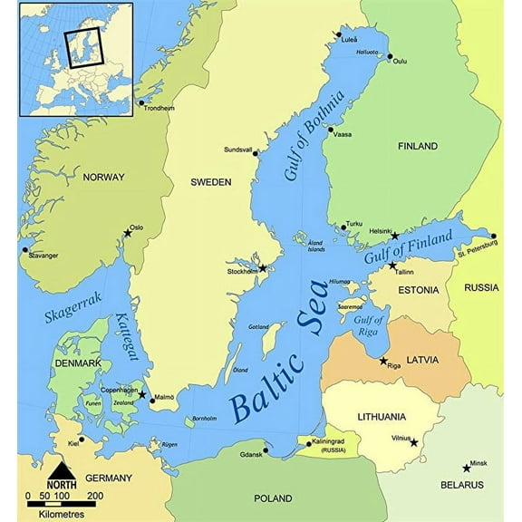 Iconic Arts Laminated 20x22 Poster Baltic Sea map