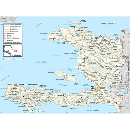 Iconic Arts Laminated 24"x18" Poster: Haiti Road map, French